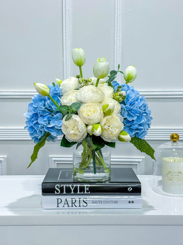 French Country Peony Arrangement in Vase, Blue Floral Arrangement